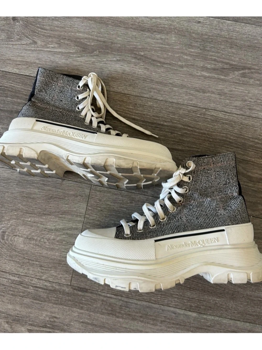 Alexander McQueen Tread Slick High Top Sneakers 37.5 Grey Tweed Platform